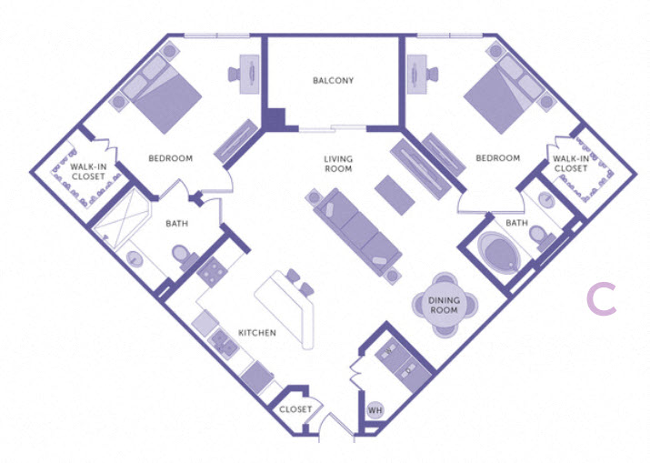 Floor plan for 2 beds, 2 baths, 1135 sqft